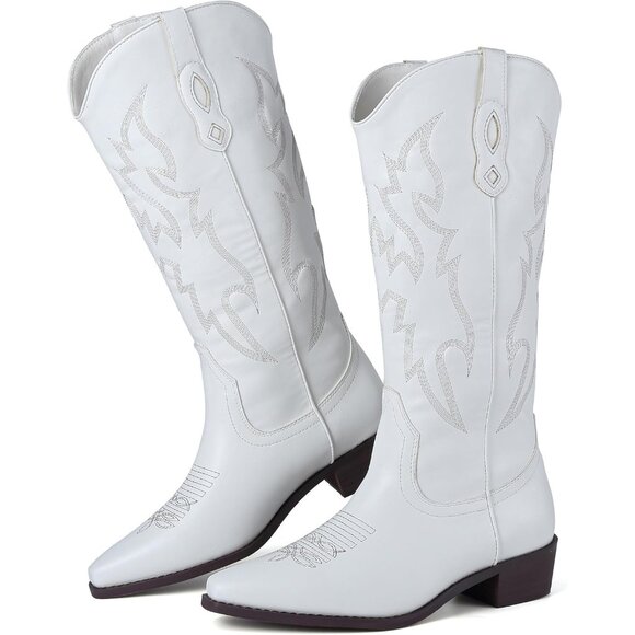 🆕Women White Faux Leather Cowgirl Knee High Cowboy Boots Chunky Heel Western - Picture 1 of 6